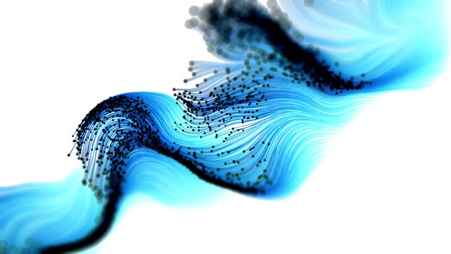 Blue flowing particles on white background.