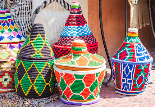 Hand-woven Tajine at Djemma el Fna Square in Medina District of  Marrakesh, Morocco. Recognisable design elements are visible.