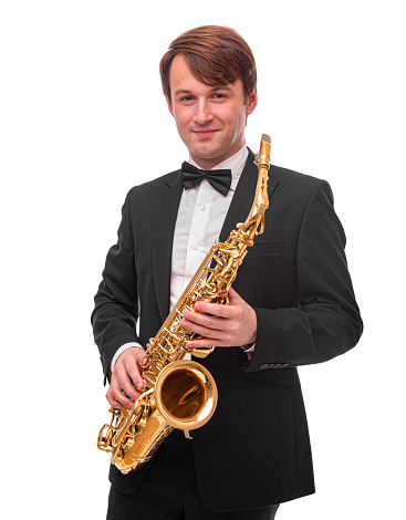 Saxophonist on a white background.