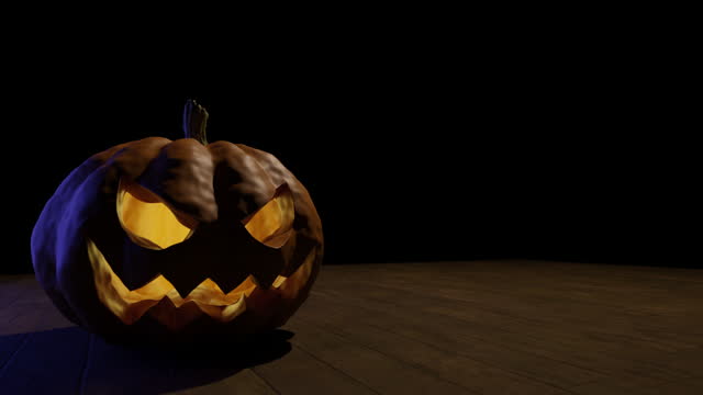 Jack-O-Lantern or scary carved halloween pumpkin with candle light inside mouth moving on wood floor and black background.3d animation.