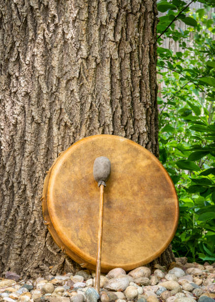 istock handmade, native American style, shaman frame drum covered by goat skin with a beater 1495217652