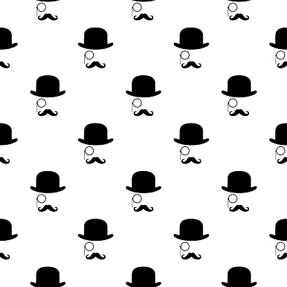 Vector seamless pattern of a face with a bowler hat, monocle and mustache.