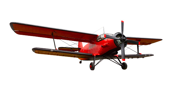 Red plane used for agricultural or sanitation purpose against clear white background