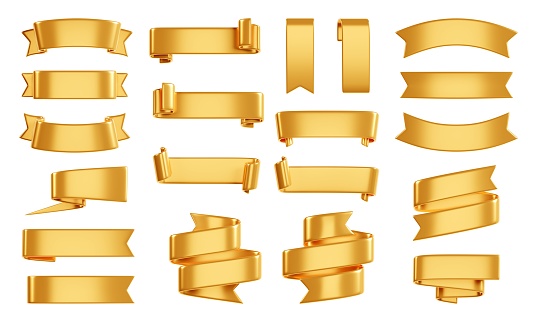 Golden ribbon banner 3d render - set of gold glossy text box in form of curled and rolled tape for sale or discount promotion sign. Title frame design element for advertising or congratulation.