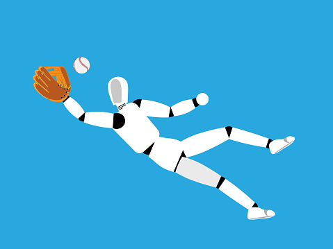 Artificial intelligence figure catching baseball in baseball glove.