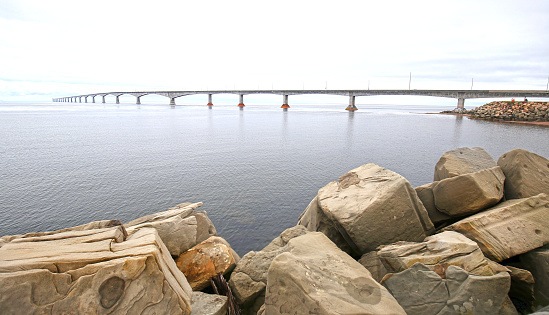 Confederation Bridge Connecting Prince Edward Island and Mainland Nova Scotia. Canada.  On a Cloudy Rainy Day