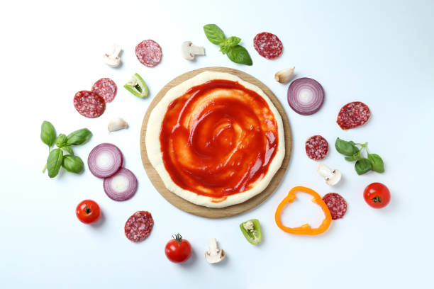 istock Concept of cooking pizza on white background 1495234706