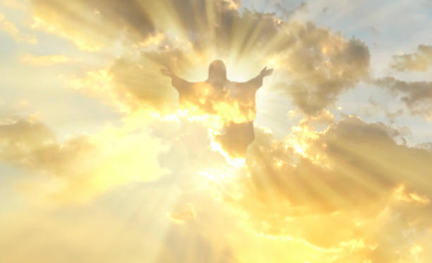 jesus christ in the clouds of heaven gold sky background - cross church white heaven imagens e fotografias de stock