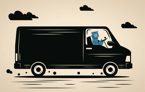 Un hombre azul sonriente conduciendo una furgoneta - ilustración de arte vectorial