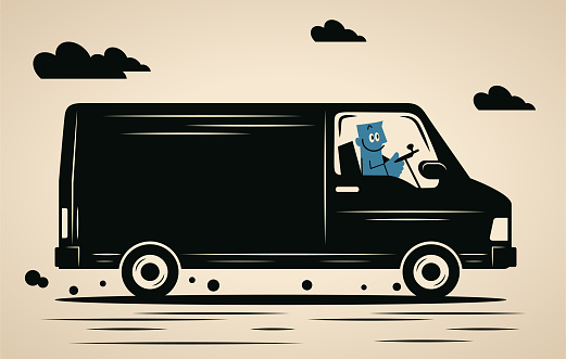 Blue Cartoon Characters Design Vector Art Illustration.
A smiling blue man driving a van.