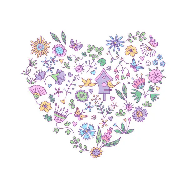 Vector illustration of Heart shape with floral elements.