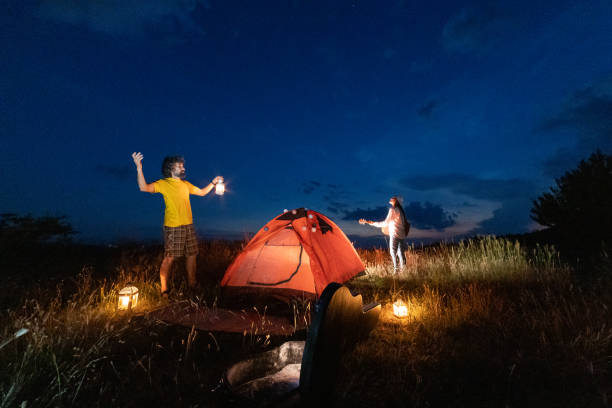 istock Romantic eco vacation. Tent camping at night. 1495238142