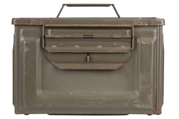 istock US army green metal .50 cal ammo box on white background. 1495239351