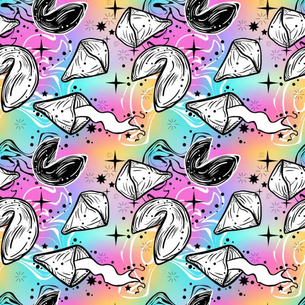 Vector illustration of Tattoo art style seamless pattern of fortune cookies with holographic background.