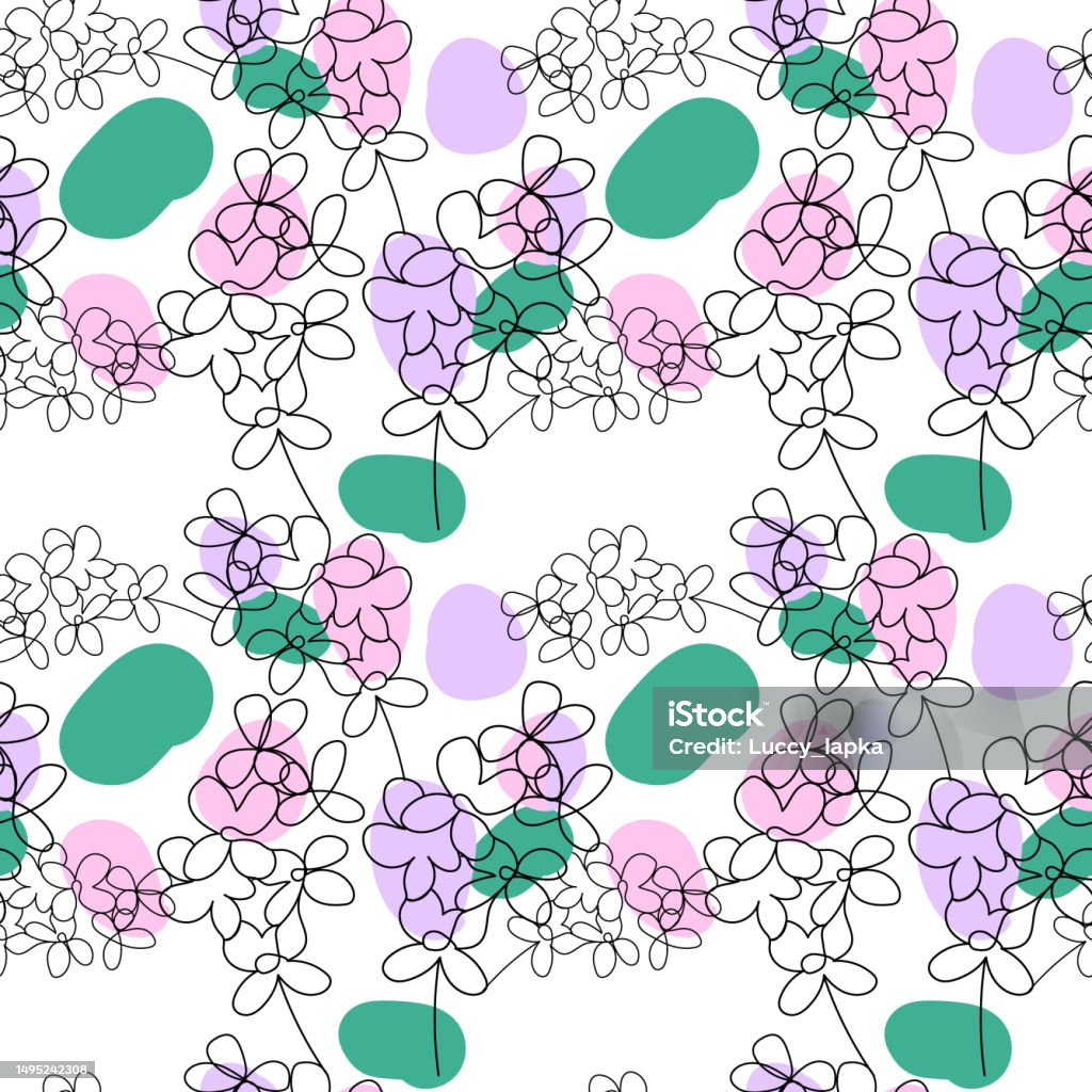Pattern Line Mono Seamless Pattern With Lilac Branches Continuous Mono Line One Line Art ...