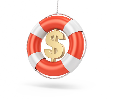 Life buoy and American Dollar sign isolated on white background. Horizontal composition with copy space.