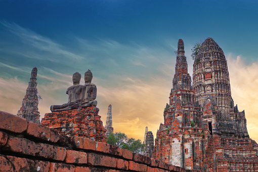 Buddha statues and temple ruins in Ayutthaya Historical Park. An old and beautiful temple built in the Ayutthaya period, Thailand