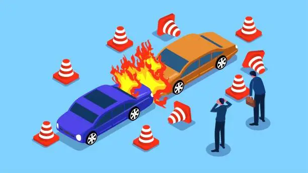 Vector illustration of Car accident scene, traffic accident scene, unfortunate sudden accident, isometric desperate driver or businessman watching two colliding cars catch fire