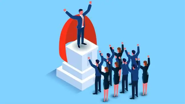 Vector illustration of Advocates, followers, revolutionaries, leaders with a useful competitive advantage, leadership, best employees, a bunch of businessmen cheering the superheroes who stand tall and wear the cape