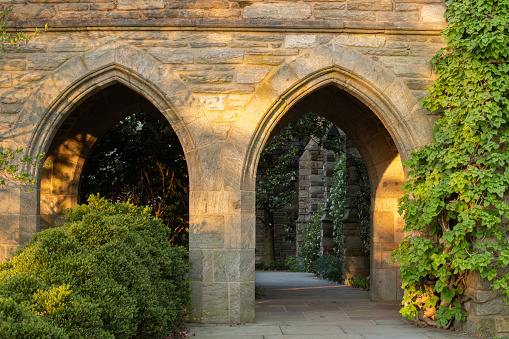 Swarthmore, USA - April 9, 2023. Arched doorway in Swarthmore College, Pennsylvania, USA