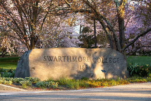Swarthmore, USA - April 9, 2023. Sign of Swarthmore College, Pennsylvania, USA
