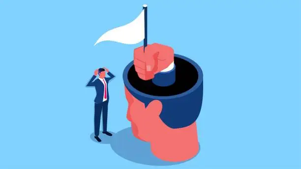 Vector illustration of Surrender, give up or compromise, give up the struggle, the hand inside the businessman's brain holding the white flag and choosing to give up
