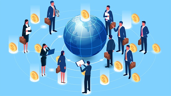 Global business networking and connectivity, establishing global corporate or business connections, global business exchange and cooperation, a group of businessmen standing at various grid points centered on the earth