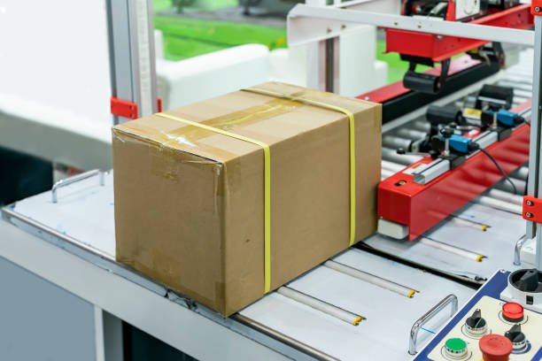 istock Production line with automatic conveyor belt, industry track 1495247335