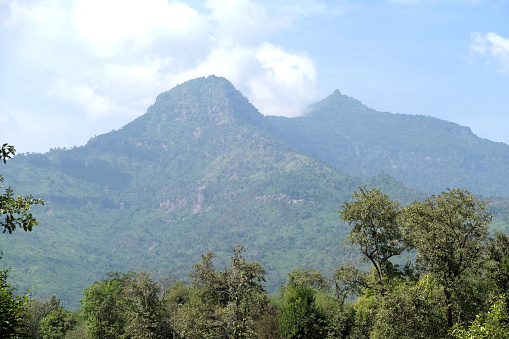 View of the mountain overlooking Wat Phu called \