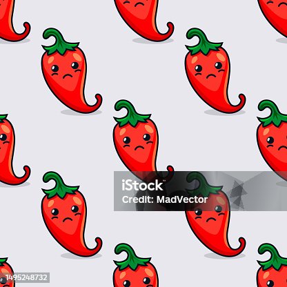 istock Vector Seamless Pattern with Cartoon Cute and Funny Scares Red Hot Chili Peppers. Kawaii Style. Fresh Chili Hot Pepper with Sad Face, Upset Emotion. Vector Illustration 1495248732