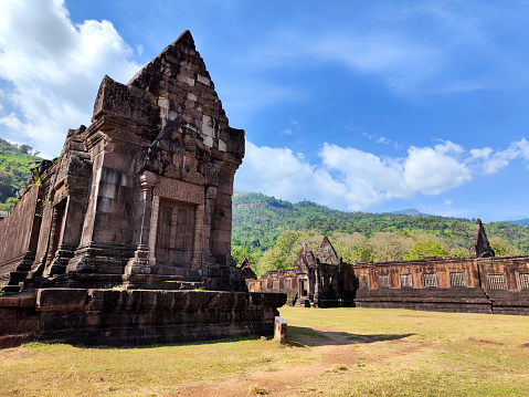Vat Phou temple, a ruined Khmer Hindu temple complex in southern Laos and one of the oldest places of worship in Southeast Asia. It is at the base of mount Lingaparvata, some 6 kilometres from the Mekong in Champasak Province.