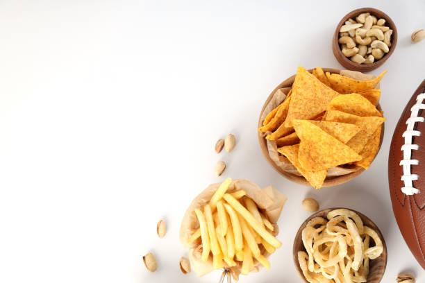 istock Concept of Super bowl snacks on white background 1495249099