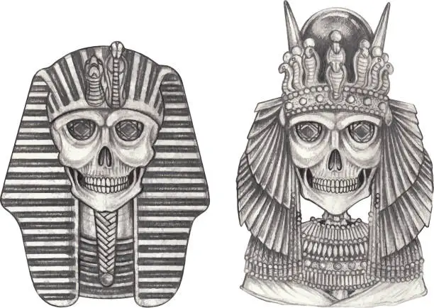 Vector illustration of Fantasy couple cleopatra and pharaoh skulls.