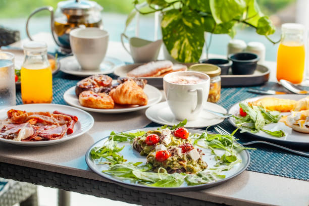 istock Healthy breakfast set on table in hotel restaurant 1495253328
