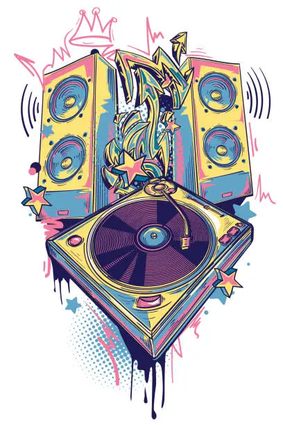 Vector illustration of Musical turntable and speakers with graffiti arrows, colorful funky music design