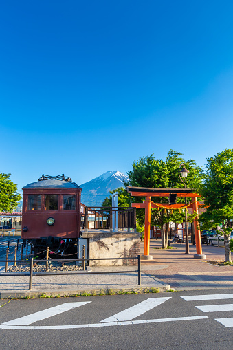 Mt Fuji and old train on the railway station in Fuji kawaguchiko, Japan