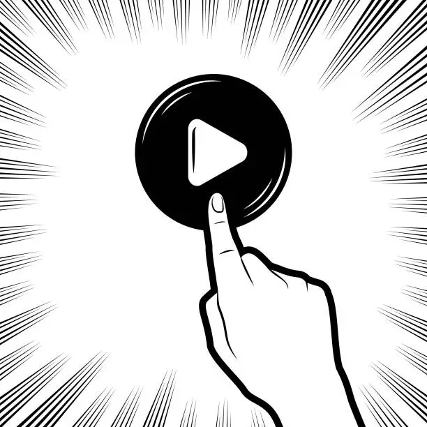 Vector illustration of A human hand presses the Play button, in the background with radial manga speed lines