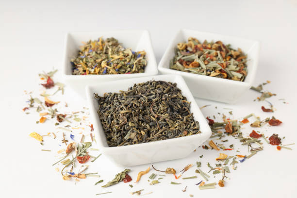 istock Concept of cooking tea with different types of tea on white background 1495255986