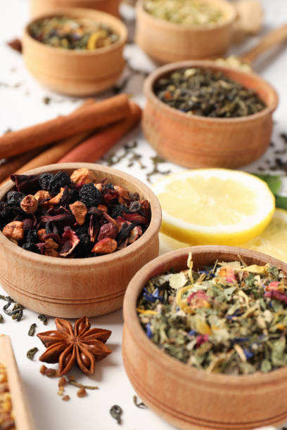 istock Concept of cooking tea with different types of tea on white background 1495256044
