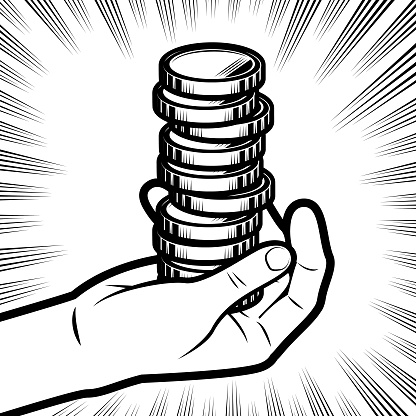 Design Vector Art Illustration.
A human hand holds a stack of golden coins money, in the background with radial manga speed lines.