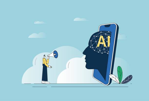 ilustrações de stock, clip art, desenhos animados e ícones de man chatting with mobile artificial intelligence using a loudspeaker. - announcement message robot public speaker message