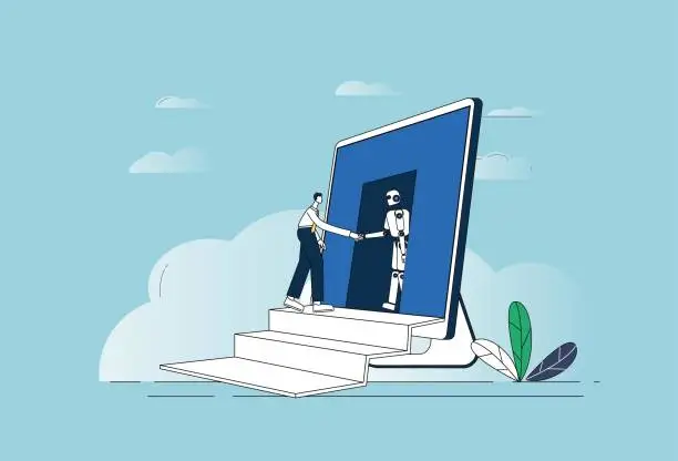 Vector illustration of Business man shaking hands with robot walking out of computer screen.
