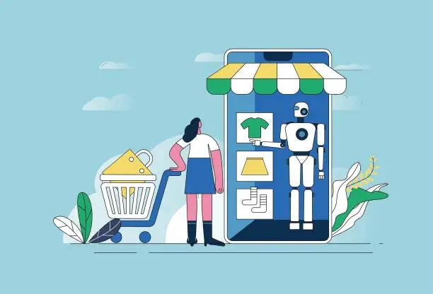 Vector illustration of Woman shopping on computer network, robot selling goods.