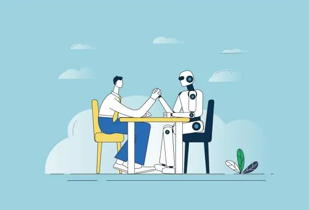 Vector illustration of Man and robot arm wrestling.