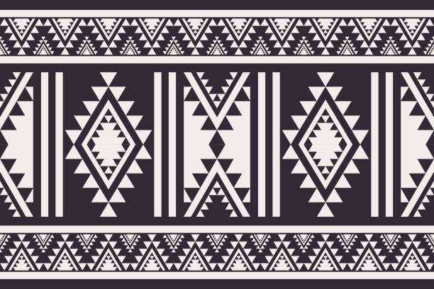 ilustrações, clipart, desenhos animados e ícones de borda navajo sudoeste padrão preto e branco. - rug