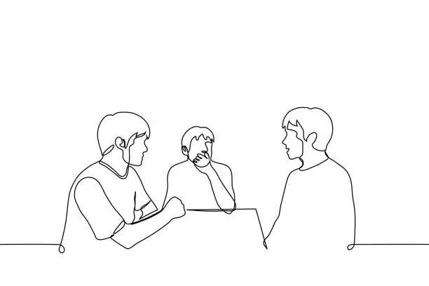 Vector illustration of men sit at table and listen and watch one of them - one line drawing vector. concept of male conversation, communication of friends, colleagues in cafe, narrator tells stories