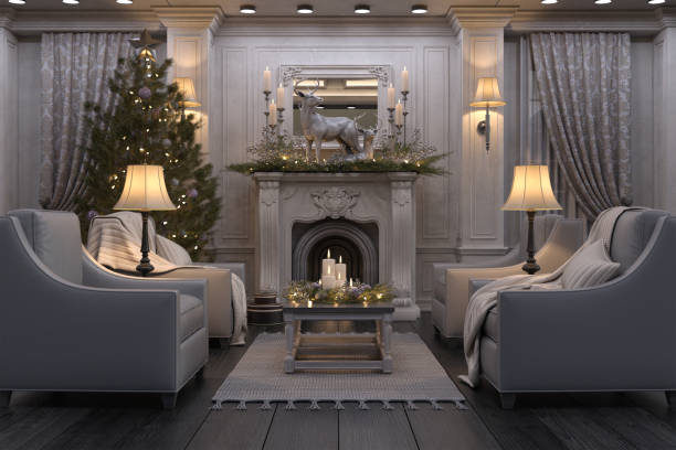 istock Modern Lounge Room with Christmas Decorations, 3d render. 1495273623