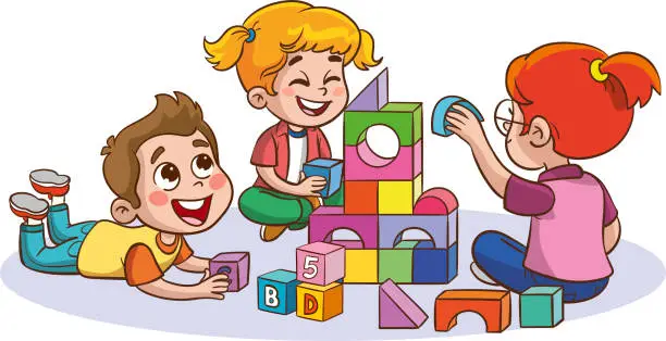 Vector illustration of kids play together. Educational toys.Educational toys.