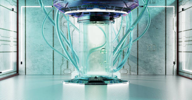 극저온 캡슐 최대 절전 모드 cryonics 캡슐 최대 절전 모드용 냉동 액체가 있는 유리관 공상 과학 텔레포트 과학 기술 극저온 극저온 실험실 장비 실험실 장면 3d 그림 - 냉동 캡슐 뉴스 사진 이미지