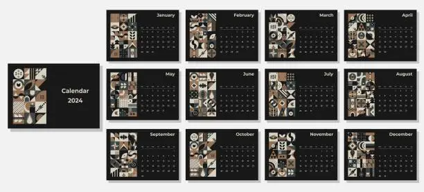 Vector illustration of Calendar 2024 geometric patterns. Monthly calendar template for 2024 year with geometric shapes.